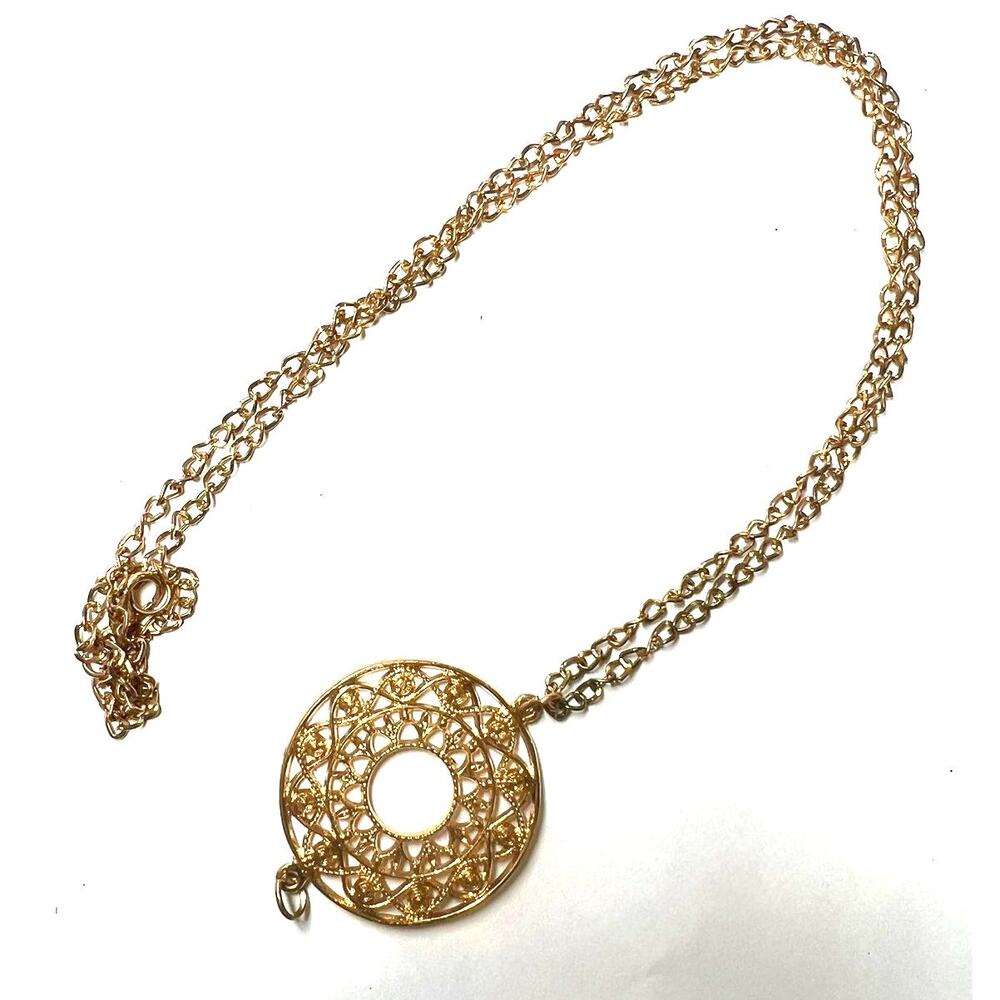 Gold Tone Sun Necklace: Kabbalah Inspired Geometric Pendant Disk Statement 17"